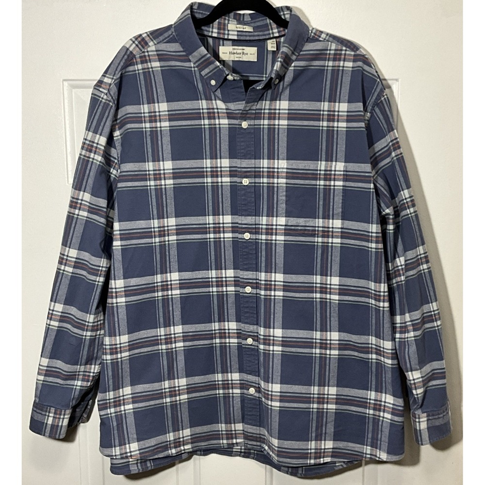 Hawker Rye Stretch Oxford Shirt Blue Plaid 100% Cotton Regular Fit Men's XXL